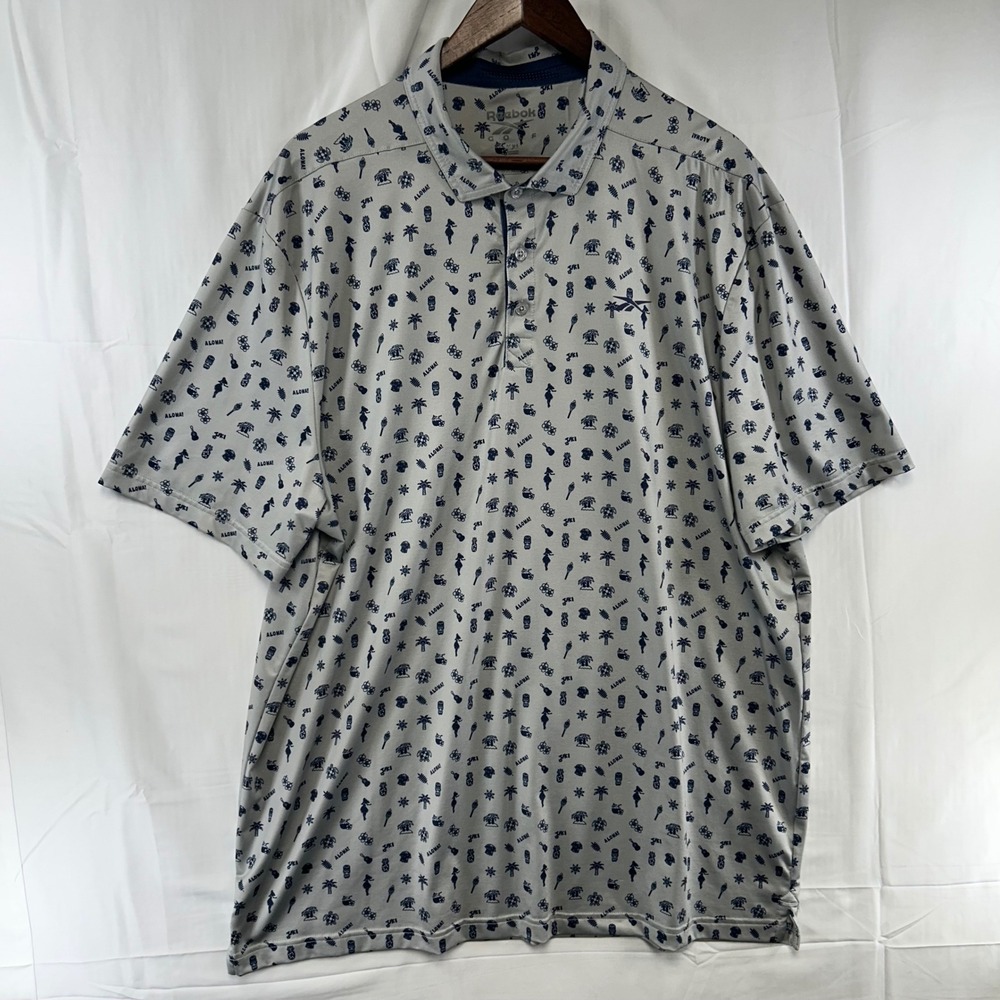 Reebok Golf Polo Shirt Mens XXL Grey Navy Hawaiian Tiki Print FFC0121261